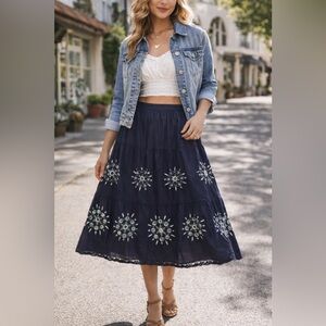 LOFT Navy Embroidered Midi Skirt | Boho Floral Tiered A-Line Size 8
